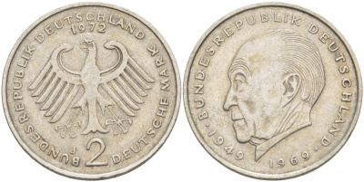 ФРГ 2 марки 1972 J, Конрад Аденауэр J 406, KM 124 медно-никель плакированный никелем 3718-1055