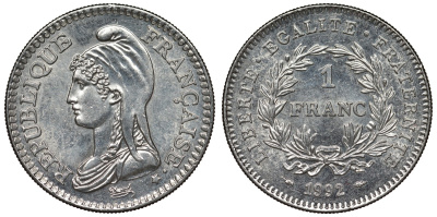 Франция 1 франк 1992 200 лет Французской республике KM 1004.1, Le Franc 229.2 никель 4128-353