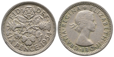 Великобритания 6 пенсов 1954 Елизавета II (1952-2022) KM 903, Spink 4149 медно-никель 220-865