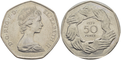 Великобритания 50 пенсов 1973 Елизавета II (1952-2022), вступление в Европейское экономическое сообщество KM 918, Spink 4224 медно-никель 32-1245
