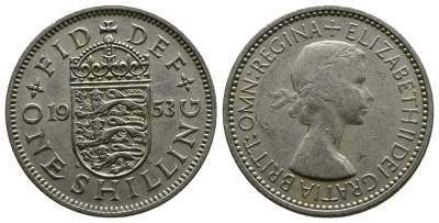 Великобритания 1 шиллинг 1953 Елизавета II (1952-2022), Английский герб KM 890, Spink 4139 медно-никель 4384-237