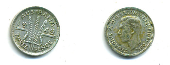 Австралия 3 пенса 1949 m, Георг VI (1937-1952), без букв KM 44 серебро 46-618