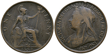 Великобритания 1 пенни 1897 Виктория (1837-1901) KM 790, Spink 3961 бронза 54-2644