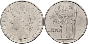 Италия 100 лир 1974 R, Афина у оливкого дерева KM 96.1 нержавеющая сталь 4157-1122