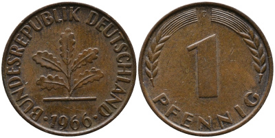 ФРГ 1 пфенниг 1966 G KM 105, J.380 сталь плакированная медью 99-256