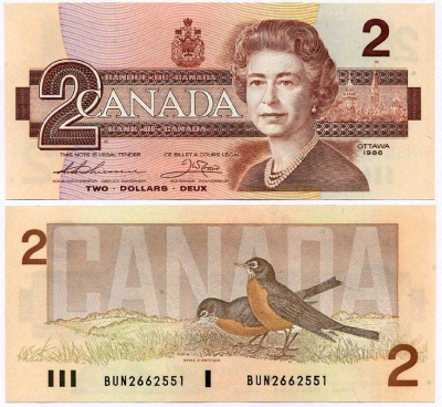 КАНАДА 2 ДОЛЛАРА 1986 ЕЛИЗАВЕТА II, ЗДАНИЕ ПАРЛАМЕНТА, ПОДПИСЬ THIESSEN-CROW Pick 94b бумага 7375-26-2-2