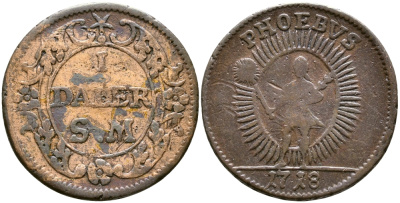 Швеция 1 далер 1718 S.M., Карл XII (1697-1718), чрезвычайный выпуск, Аполлон KM 359 медь 23-1047