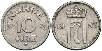 Норвегия 10 эре 1952 Хокон VII (1905-1957) KM 396 медно-никель 4549-965