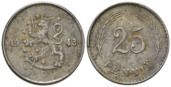 Финляндия 25 пенни 1943 S KM 25b железо 4174-1017