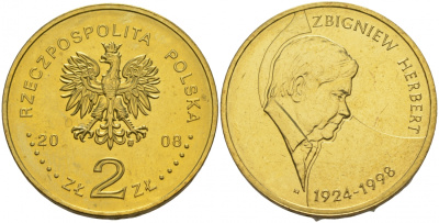 Польша 2 злотых 2008 10 лет со дня смерти Херберта Збигнева KM 634 латунь UNC M12-21