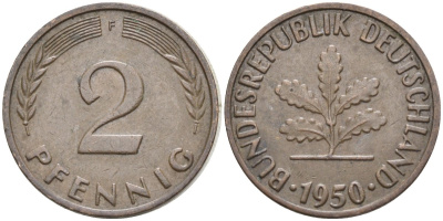 ФРГ 2 пфеннига 1950 F KM 106, J.381 сталь плакированная медью 4174-624