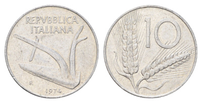 Италия 10 лир 1974 R, плуг, колосья KM 93 алюминий 4704-546