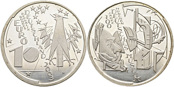 ФРГ 10 евро 2003 D, 100 лет немецкому музею в Мюнхене KM 225, DE.S. 10.6 серебро PROOF 02-038-15