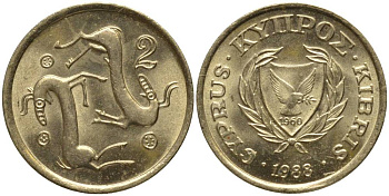 КИПР 2 ЦЕНТА 1988 КОЗЛЫ KM 54.2 никель латунь 211-663