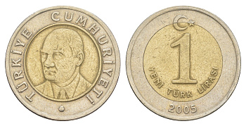 Турция 1 лира 2005 Кемаль Ататюрк KM 1169 биметалл 4648-757