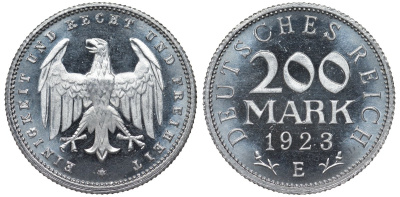 Германия 200 марок 1923 E, Веймарская республика, тираж 4095 экз., Weege 22, J. 304, KM 35 алюминий PROOF 00-806-23