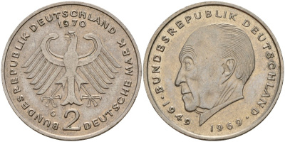 ФРГ 2 марки 1970 G, Конрад Аденауэр KM 124, J. 406 медно-никель 4159-1155