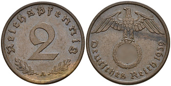 Германия 2 рейхспфеннига 1939 A KM 90, J. 362 бронза 4151-134