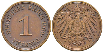 ГЕРМАНИЯ 1 ПФЕННИГ 1900 E KM 10, Jager. 10, Weege 2 медь 4528-1161