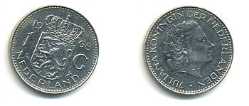 Нидерланды 1 гульден 1968 Юлиана (1948-1980) KM 184a никель 83-755