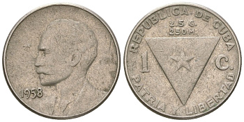 Куба 1 сентаво 1958 Хосе Марти KM 30, JMA 8, Y 24, Schoen 28 медно-никель 4611-621