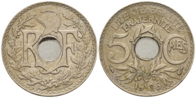 ФРАНЦИЯ 5 САНТИМОВ 1936 ТИП ЛИНДАЙЁ KM 875 медно-никель 3309-1024