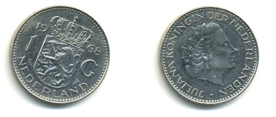 Нидерланды 1 гульден 1968 Юлиана (1948-1980) KM 184a никель 83-755