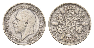 Великобритания 6 пенсов 1936 Георг V (1910-1936) KM 832, Spink 4041 серебро 100-923