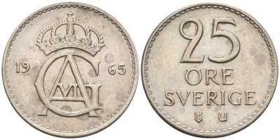 Швеция 25 эре 1965 Густав VI Адольф (1950-1973) KM 836 медно-никель 4585-465