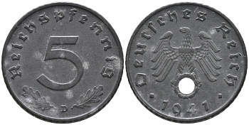 Германия 5 рейхспфеннигов 1941 D, монетный двор Мюнхен KM 100, J. 370 цинк 186-752
