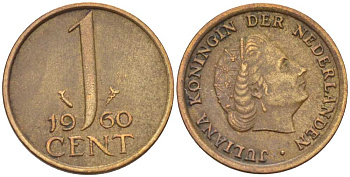 Нидерланды 1 цент 1960 Юлиана (1949-1980) KM 180 бронза 3955-122