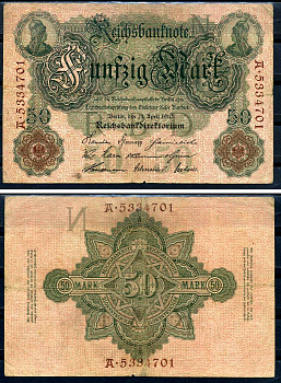 Германия 50 марок 1910 Pick 41 бумага 7523-24-2-2