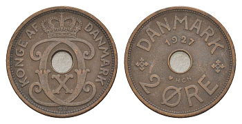 Дания 2 эре 1927 HCN, Кристиан X (1912-1947) KM 827 бронза 4639-726