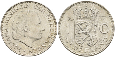 Нидерланды 1 гульден 1967 Юлиана (1948-1980) KM 184 серебро 4126-1142