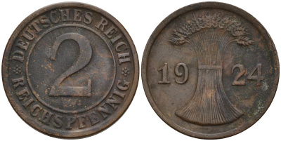 Германия 2 рейхспфеннига 1924 D KM 38, J. 314 бронза 4147-1246