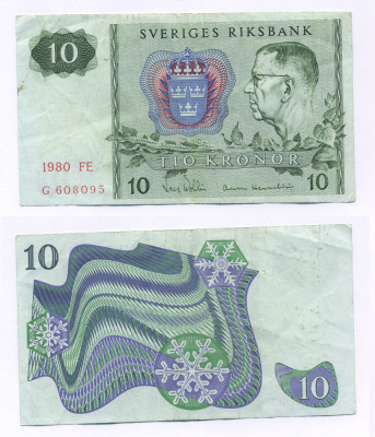 ШВЕЦИЯ 10 КРОН 1980 СЕРИЯ FE, ГУСТАВ VI АДОЛЬФ Pick 52е бумага 6266-4-2-1