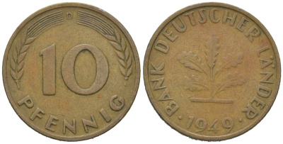 ФРГ 10 пфеннигов 1949 D KM 103, J. 378 сталь плакированная латунью 4604-1147