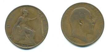 Великобритания 1 пенни 1907 Эдуард VII (1901-1910) KM 794.2, Spink 3990 бронза 4383-611