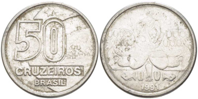 Бразилия 50 крузейро 1991 KM 620.2 нержавеющая сталь 4364-1743