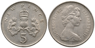 Великобритания 5 пенсов 1971 Елизавета II (1952-2022) KM 911, Spink 4233 (D1) медно-никель 87-823