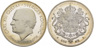 Швеция 200 крон 1996 Карл XVI Густав (1973- ), 50 лет королю Карлу XVI Густаву KM 888 серебро PROOFLIKE 1085-3-43