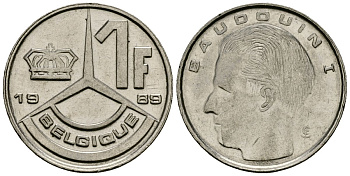 Бельгия 1 франк 1989 Belgique, Бодуэн I (1951-1993) KM 170 нержавеющая сталь 4136-737