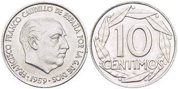Испания 10 сентимо 1959 Франсиско Франко (1939-1975) KM 790 алюминий aUNC 213-121