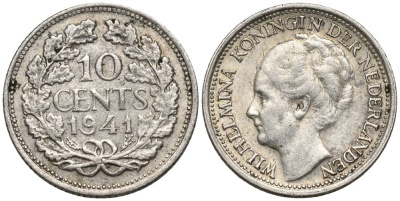 Нидерланды 10 центов 1941 Вильгельмина I (1890-1948) КМ 163 серебро 4549-1051