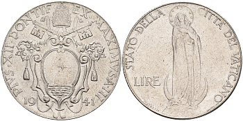 Ватикан 1 лира 1941 Пий XII, Дева Мария KM 26 a сталь UNC 63-1026
