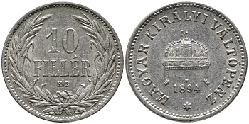 Венгрия 10 филлеров 1894 KB, Франц Иосиф I (1848-1916) KM 482 никель 100-452