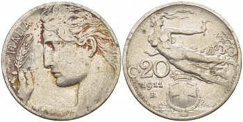 ИТАЛИЯ 20 ЧЕНТЕЗИМО 1911 R, ВИКТОР ИММАНУИЛ KM 44 никель 4548-124