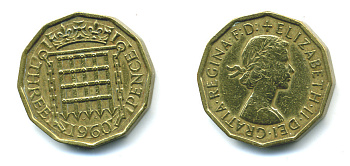 Великобритания 3 пенса 1960 Елизавета II (1952-2022) KM 900, Spink 4153 никель латунь 25-126