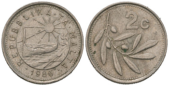 Мальта 2 цента 1986 оливковая ветвь KM 79 медно-никель 4528-942