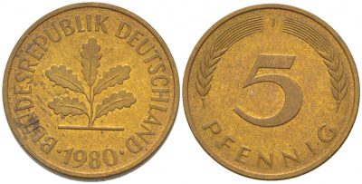 ФРГ 5 ПФЕННИГОВ 1980 J KM 107, J. 382 сталь плакированная латунью 4396-1644